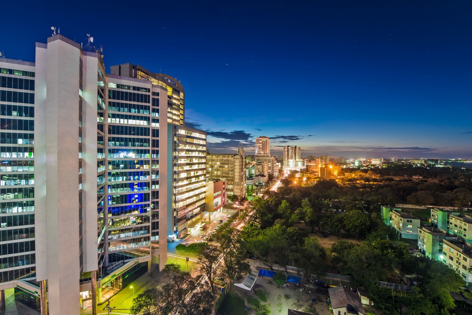 The Dar es Salaam city skyline illuminated at dusk