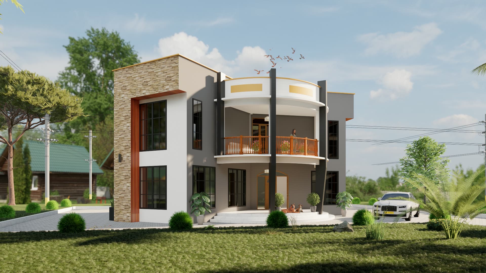 An architectural visualization of a two-storey residence with a balcony, designed by Kikwata Investment Limited