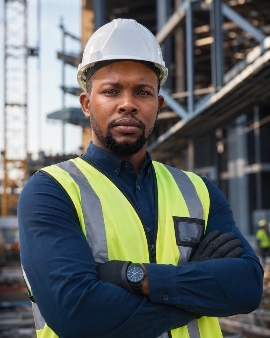 A Kikwata Investment Limited worker in hard hat and hi-vis at a construction site